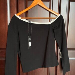Fashion Nova NWT asymmetric long sleeve top black white Off Shoulder Crop Top XL